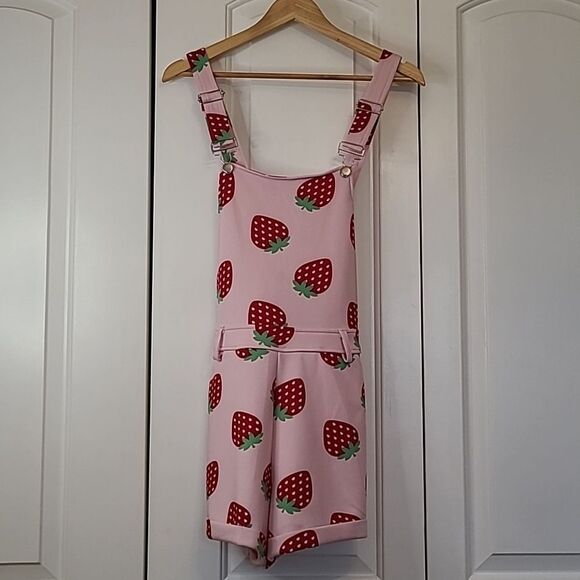 Hot Topic Pink Red Green Novelty Strawberry Print Overalls Shortalls Size M - Picture 2 of 14